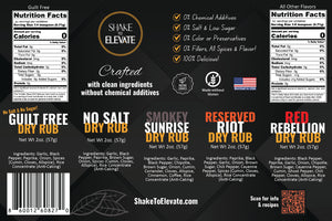 Shake to Elevate - No Salt BBQ Dry Rub Collection Seasoning Gift Box Set | No Salt Seasoning | Heart Healthy | Diet Friendly | 0% Chemical Additives | 0% Preservatives or Color | All Natural Ingredient & Listed (set of 5 flavors)