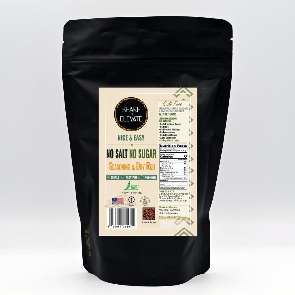 Shake to Elevate - Guilt Free Nice & Easy (Extra Mild) No Salt & No Sugar Seasoning & Dry Rub, 1 lb (16 oz) Refill Bag