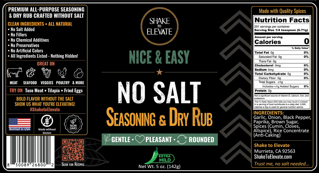 Shake to Elevate – Nice & Easy (Extra Mild) No Salt Seasoning & Dry Rub