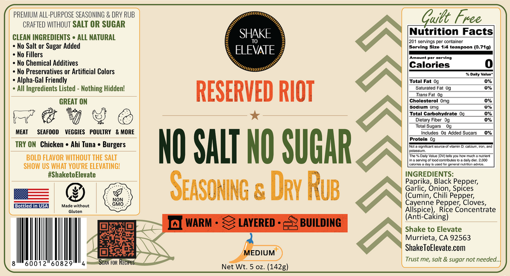 Shake to Elevate – Guilt Free Reserved Riot (Medium Spicy) No Salt & No Sugar Seasoning & Dry Rub