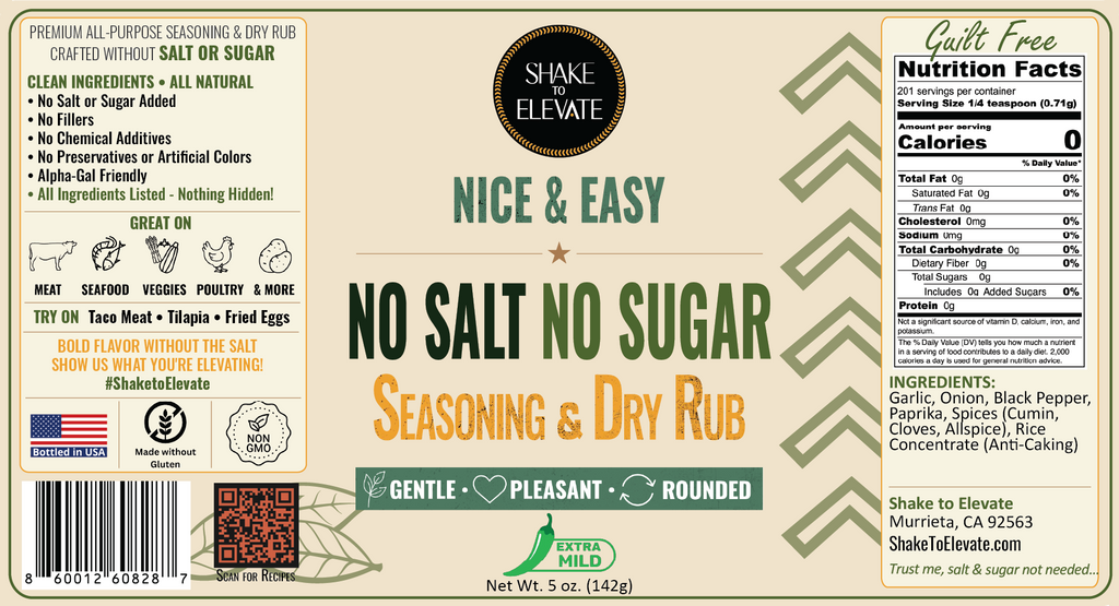 Shake to Elevate – Guilt Free Nice & Easy (Extra Mild) No Salt & No Sugar Seasoning & Dry Rub